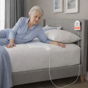 SUA-120 Fall Alarm Monitor in use on a bed. This alarm is for elderly fall and wandering prevention