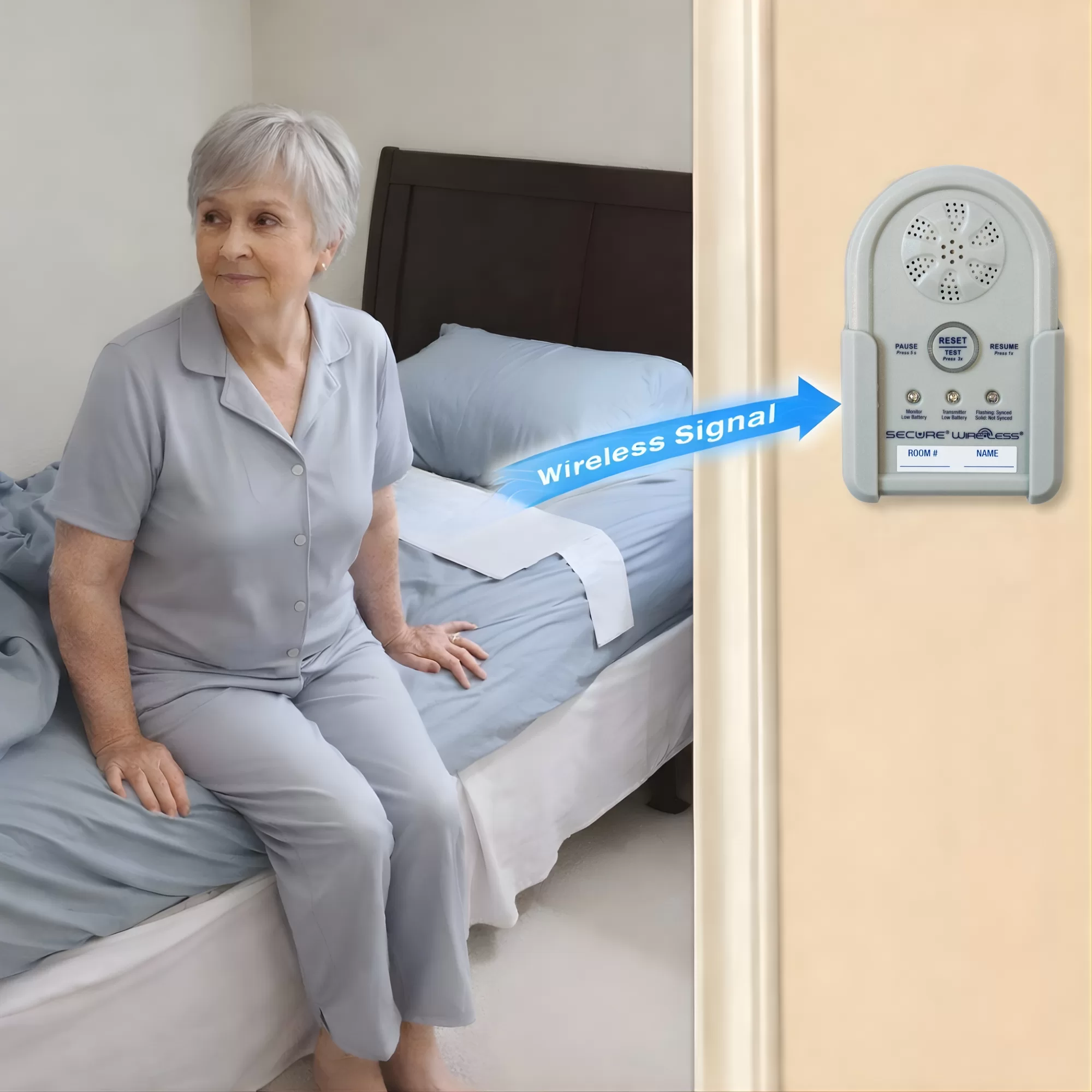 Wireless Patient Monitoring System bed exit alarm for elderly fall and wandering prevention. Elderly woman shown getting out of bed.