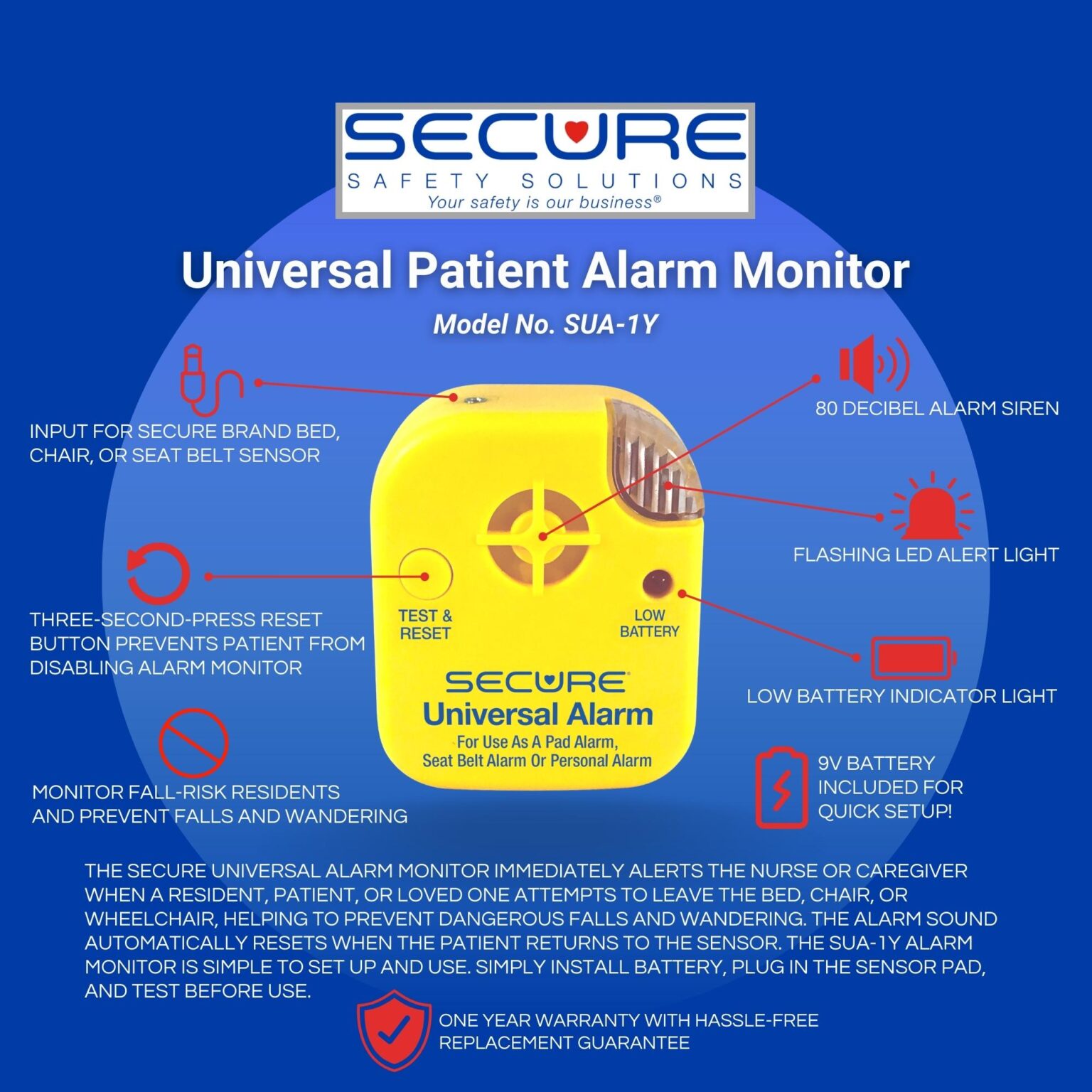 SUA-1Y Universal Fall Alarm Monitor | Secure Safety Solutions