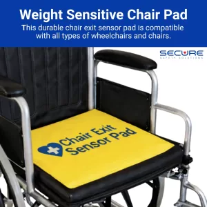 ecure CHAIRPAD-14 chair sensor pad shown installed on a wheelchair seat.