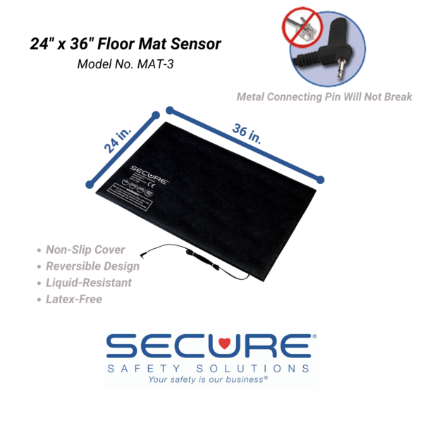 MAT-1 Floor Mat Sensor dimensions are 24 x 36 inches. The mat has a non-slip cover, is reversible, liquid resistant, and latex-free.