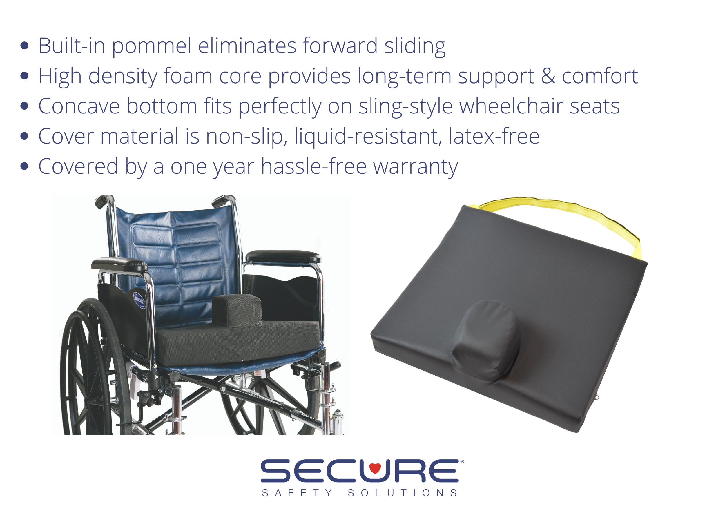 Secure Wheelchair Wedge Pommel Seat Cushion w/Safety Strap - Convex Bottom - Low Profile Pommel for Comfort & Easier Transfer