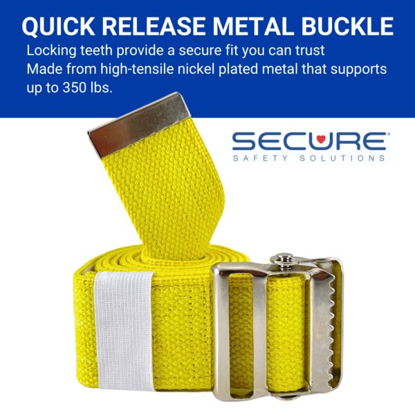 SGBM-60Y Yellow 60 inch gait belt with quick-release metal buckle. The locking teeth provide a secure fit you can trust. The buckle is made from high-tensile nickel plated metal that supports up to 350 lbs.