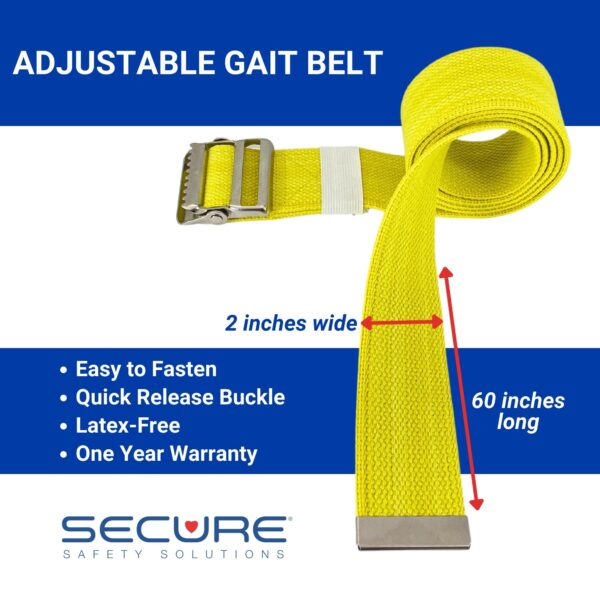 SGBM-60Y Yellow 60 inch gait belt with quick-release metal buckle. The belt is easy to fasten, has a quick-release buckle, is latex-free, and has a one-year warranty.