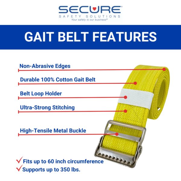 SGBM-60Y 60 inch gait belt with quick-release metal buckle. The gait belt has non-abrasive edges, is 100% cotton, has a belt loop holder, has ultra-strong stitching and high-tensile metal buckle. The belt fits up to 60 inch circumference and supports up to 350 lbs.