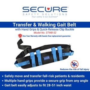 STWB-52 gait belt with handles for safe transfer and walking. Safely move and transfer fall-risk patients and residents. Multiple hand grips provide a secure grip from any angle. The gait belts adjusts to fit 28-51 inch waist.
