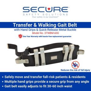 STWBM-60G Transfer Gait Belt with Handles for safe transfer and walking. Safely move and transfer fall-risk patients and residents. Multiple hand grips provide a secure grip from any angle. The gait belts adjusts to fit 30-60 inch waist.