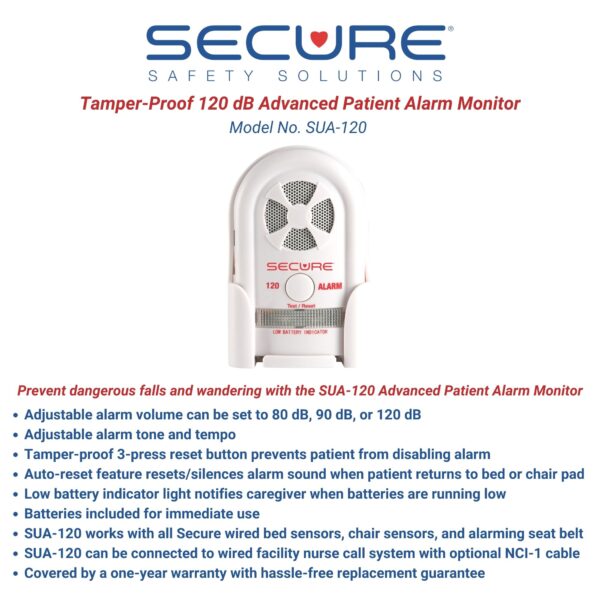 SUA-120 Patient Alarm Monitor for Elderly Fall Prevention - Bed and Chair Alarm for Eldelry