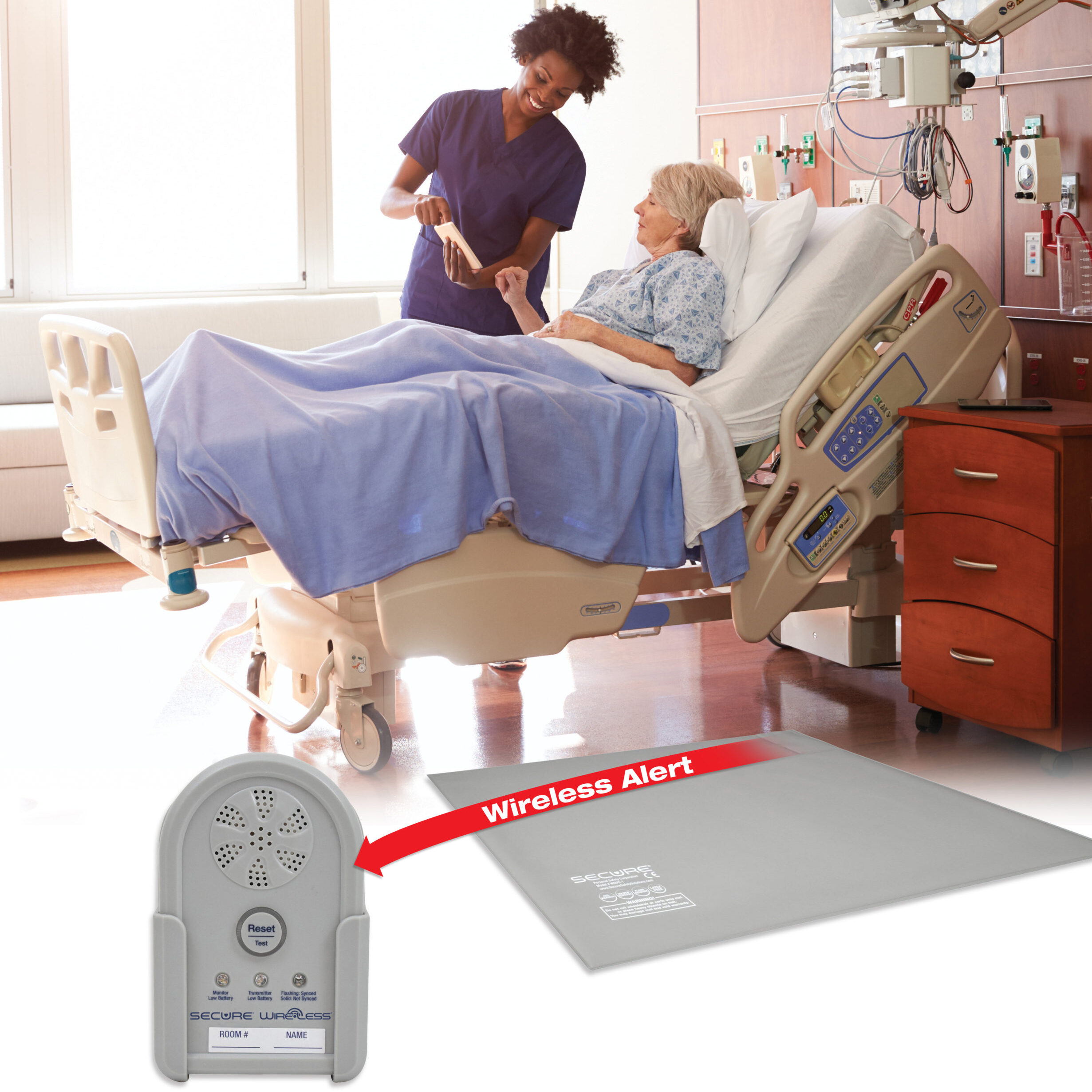 Hospital Nurse With Digital Tablet Talks To Senior Patient. The Wireless Floor Mat Alarm Set for elderly fall prevention is next to the bed to prevent unsafe wandering.