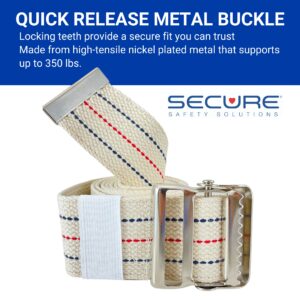 SGBM-60S 60 inch gait belt with quick-release metal buckle. The locking teeth provide a secure fit you can trust. The buckle is made from high-tensile nickel plated metal that supports up to 350 lbs.