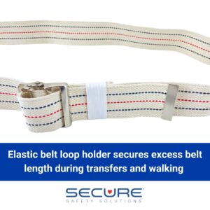SGBM-60S 60 inch gait belt with quick-release metal buckle. The elastic belt loop holder secures excess belt length during transfers and walking.