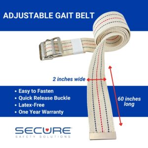SGBM-60S 60 inch gait belt with quick-release metal buckle. The belt is easy to fasten, has a quick-release buckle, is latex-free, and has a one-year warranty.