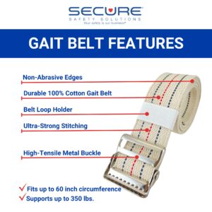 SGBM-60S 60 inch gait belt with quick-release metal buckle. The gait belt has non-abrasive edges, is 100% cotton, has a belt loop holder, has ultra-strong stitching and high-tensile metal buckle. The belt fits up to 60 inch circumference and supports up to 350 lbs.