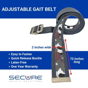 SGBM-72C Transfer Gait Belt with Metal Buckle - Camo Print. This gait belt is adjustable, easy to fasten, has a quick-release buckle, is latex-free, and has a one-year warranty.