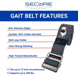 SGBM-72C Transfer Gait Belt with Metal Buckle - Camo Print. This gait belt has non-abrasive edges, is 100% cotton, has ultra-strong stitching, a high-tensile metal buckle, fits up to 72 inch circumference, and supports up to 400 lbs.