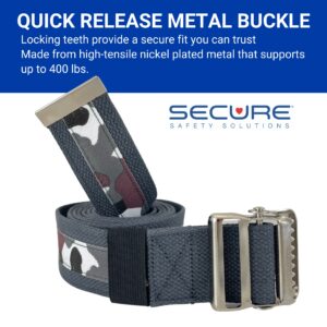 SGBM-72C Transfer Gait Belt with Metal Buckle - Camo Print. This gait belt has a quick-release buckle with locking teeth. It supports patients up to 400 lbs.