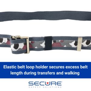 SGBM-72C Transfer Gait Belt with Metal Buckle - Camo Print. The belt has an elastic belt loop holder that secures excess belt length.